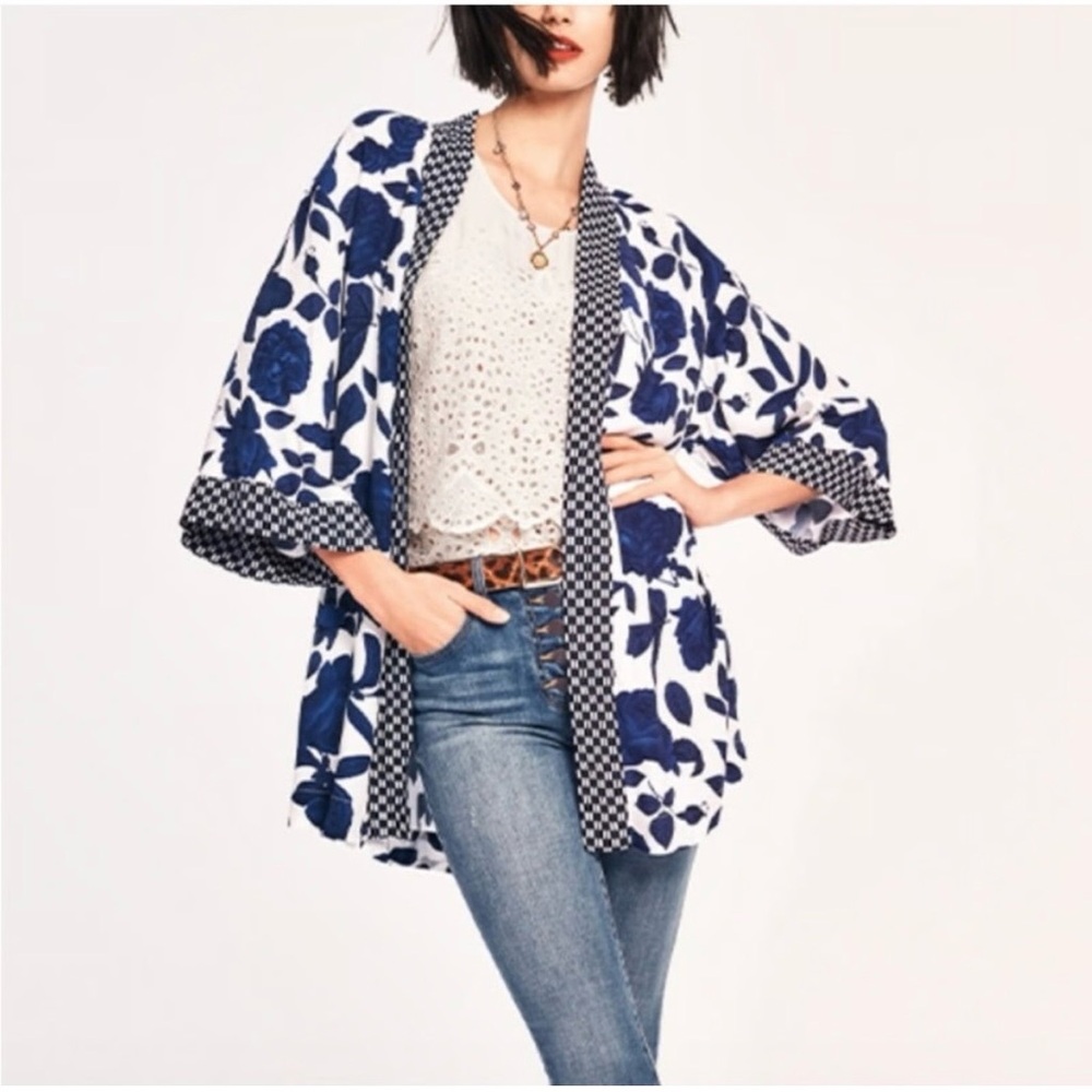 CAbi Blue and White Botanical Lightweight Open Front Kimono Style 5661 Women's S